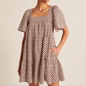 EUC Abercrombie‎ & Fitch Angel Sleeve Trapeze Mini Dress Brown Checkered Size S